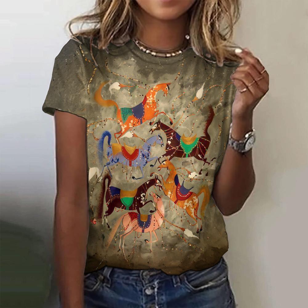 New Vintage Women Summer Cartoon Horse Print T-Shirt Oversized Women's Trending Clothing Fashion Short Sleeve Shirt Crew Top