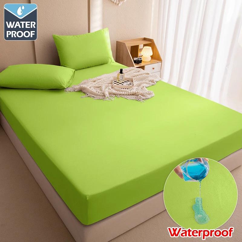 1 Waterproof Fitted Sheet,Solid Color Bed Cover Sheet, Bed Cover Mattress Cover Elastic Band Bed Skirt Breathable Sheet Only 1 Sheet