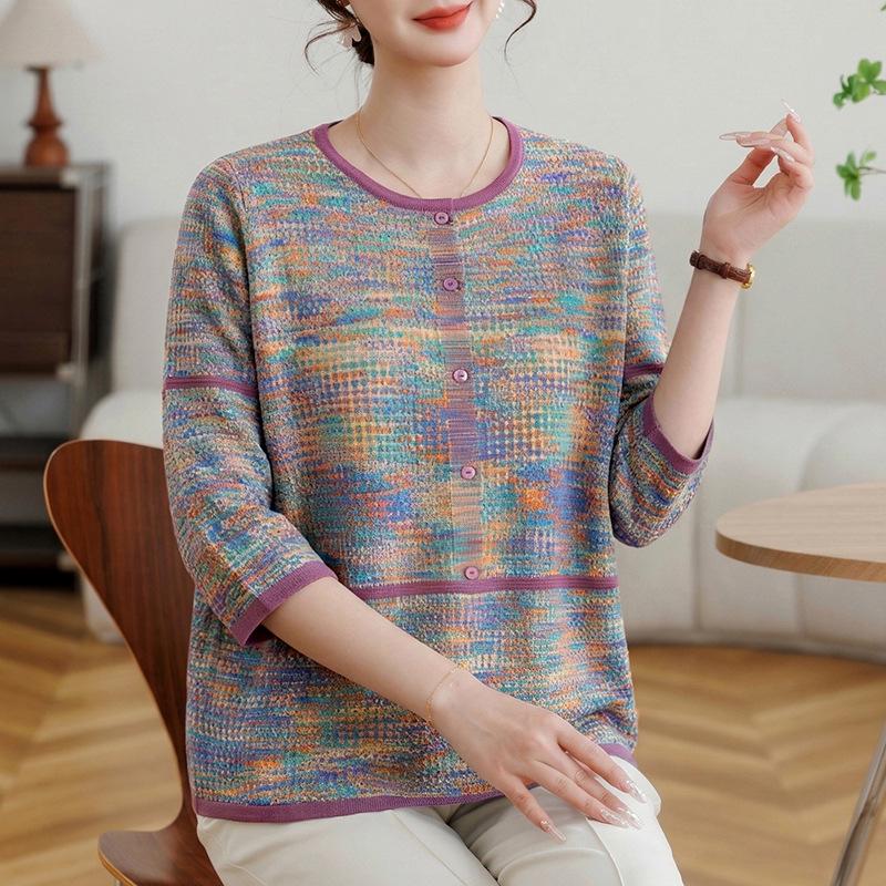 

Women s Mixed Color Round Neck Sweater - Fashionable, Age-Reducing, Loose Fit for Spring and Autumn 2XL (135-155 lbs) фіолетовий