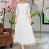 Women Casual O-neck Hollow Lace Splice Half Sleeve Long Dress