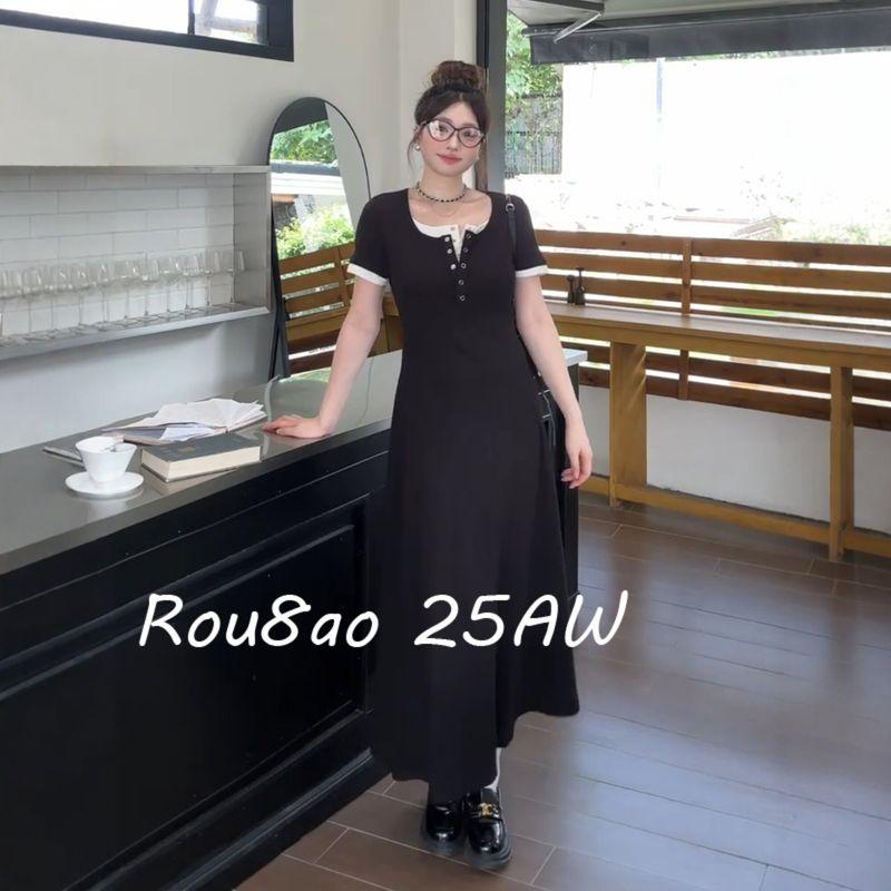 

Rou8Ao Plus Size Women s Fashion 2026 Summer Pure Desire Style Black Slimming Fake Two-Piece Design Knitted Dress Black M