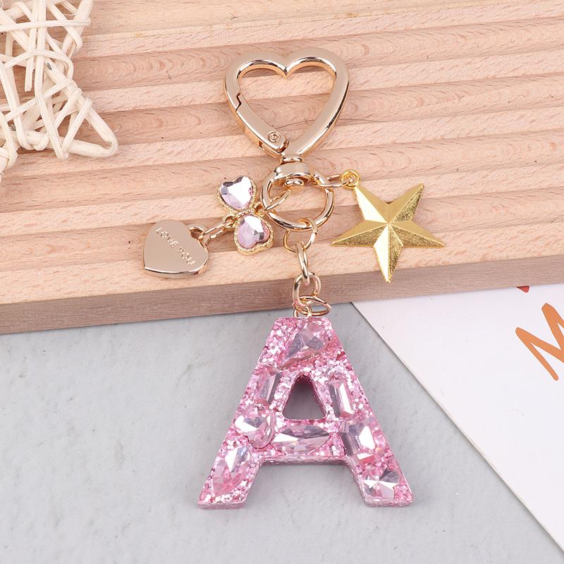 Cute  Bling Keychain A To Z Initial Letter Love Heart Star Pink For Women Girls Bag Cup Pendant Key Chain Accessories