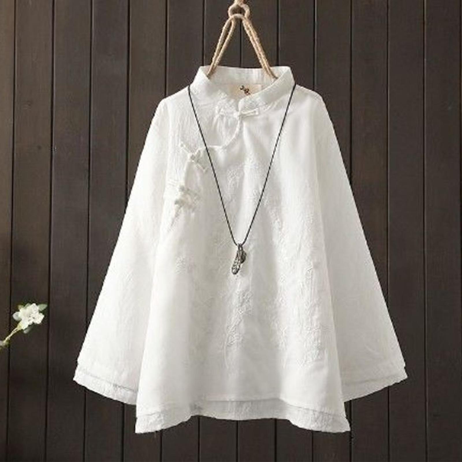 

Women s Vintage Loose Fit Patchwork Embroidered Button Collar Chinese Tea Dress With Round Neckline In Cotton Linen Blend M білий