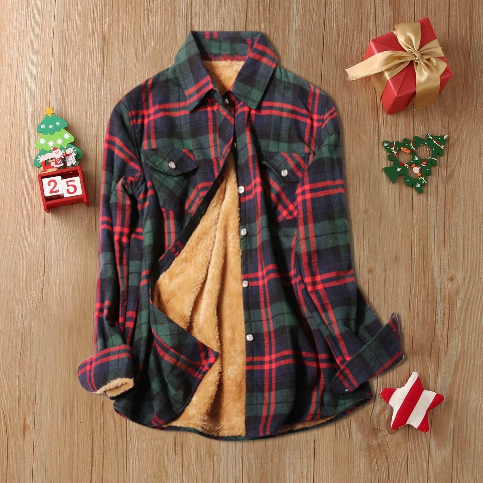 

Fashion Plaid Print Fleece Shirt For Ladies Button Winter Lapel Jacket Pocket Ladies Coat L