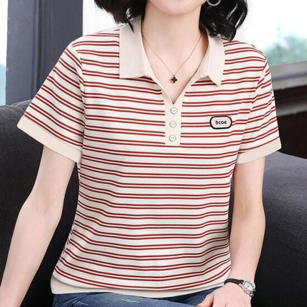 Navava Women Casual STripe PoinT Collar ShorT Sleeve T shirT nT3409