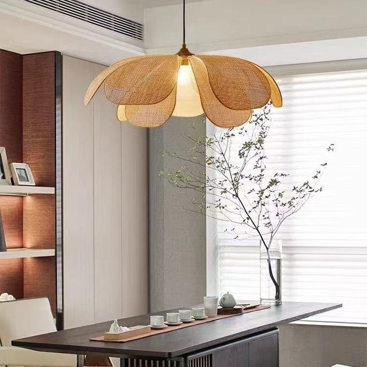 Handcrafted Rattan Petal Lamp: Wabi-Sabi Chandelier for Bedroom, Tea Room, or Restaurant.