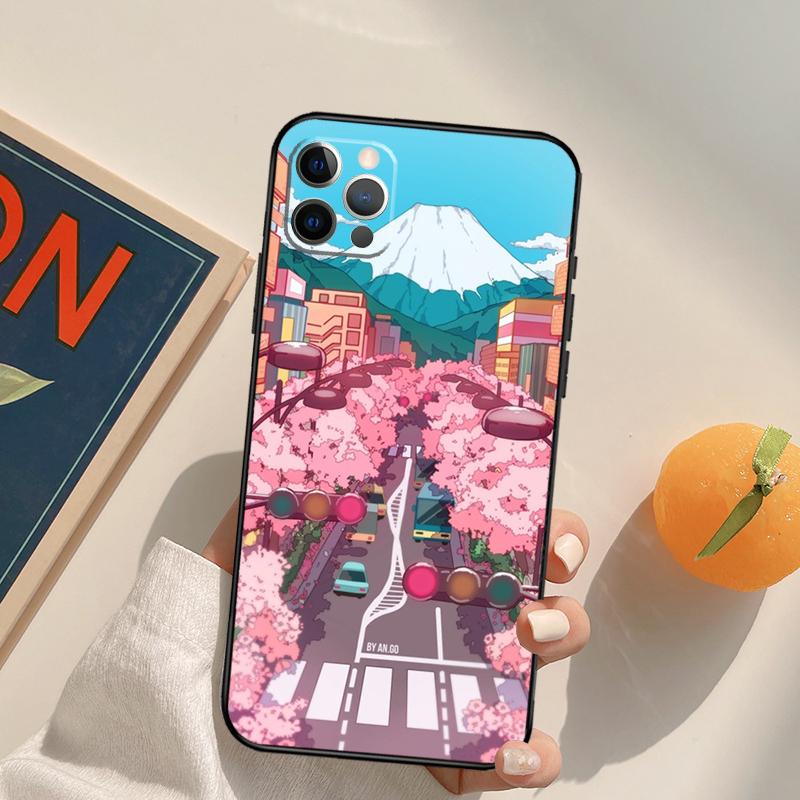 Tokyo Sakura cherry blossom landscape Funda Case For iPhone 16 15 14 Pro Max 11 12 13 Pro Max Mini XR 16 15 Plus 16e Phone Cover