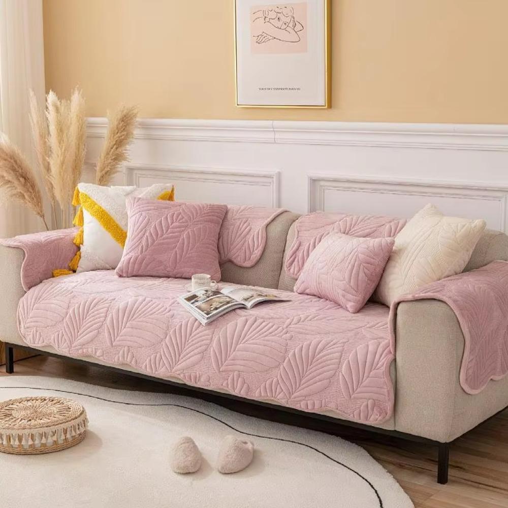 Practical Milk Velvet Leaf Pattern Sofa Cover Nordic Style Non-slip Couch Cover Washable Warm Sofa Mat Winter