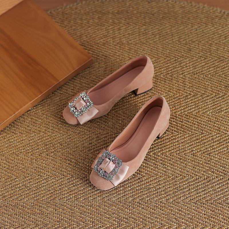 Krazing Pot Suede Spring Summer Size 41 Med Heels Office Lady High Heels Crystal Women Square Toe Shallow Pumps