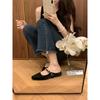 Sheepskin version~ Small square head one-word diamond strap leather shoes inner height increase thick-soled half slippers women's cool slippers