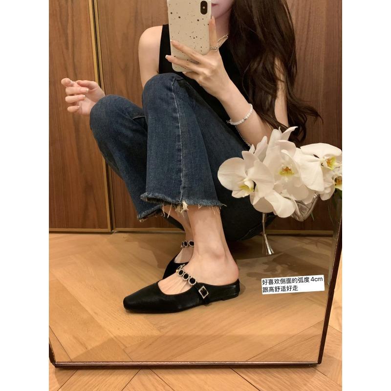 Sheepskin version~ Small square head one-word diamond strap leather shoes inner height increase thick-soled half slippers women's cool slippers
