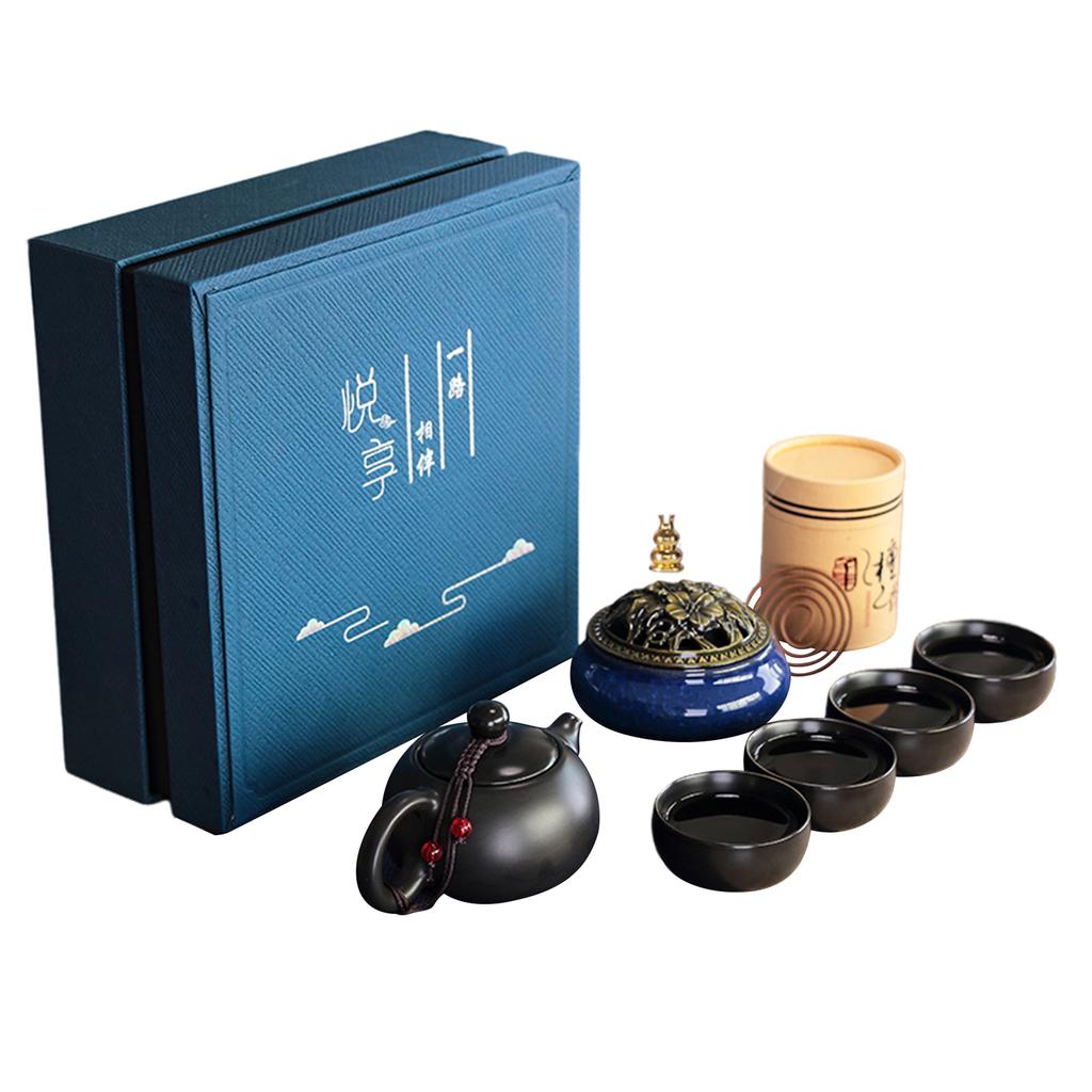 Porcelain Tea Set With Incense-Burner Holder Exquisite Household Teaware Collection For Office Desk Display