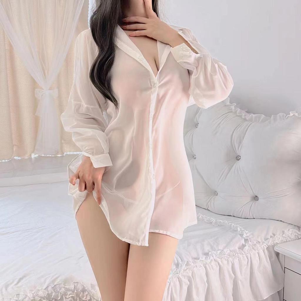 Sex Underwear Sexy Leaking Back Boyfriend Shirt Long Sleeve Straps Beautiful Back Chiffon Shirt