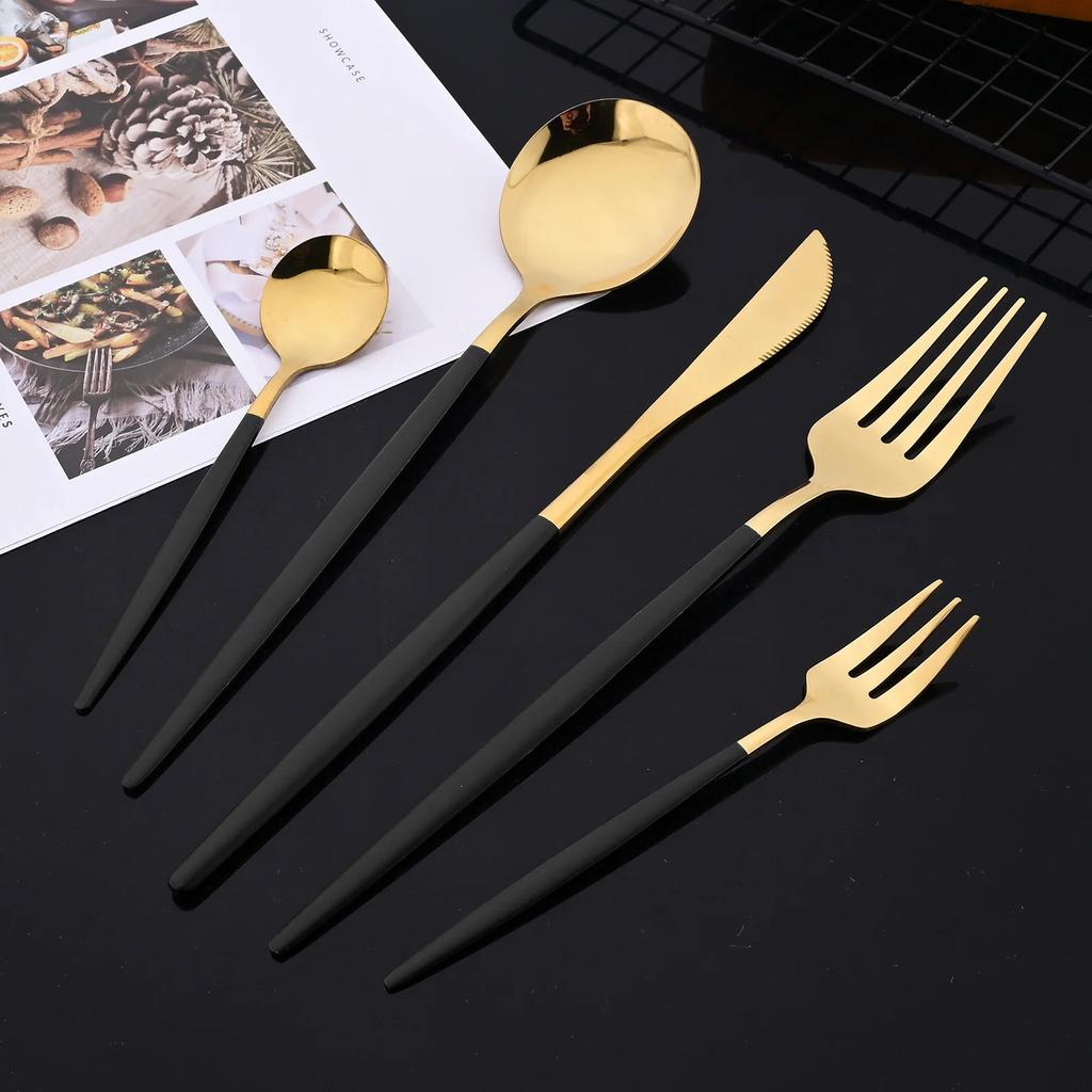 Black Gold 20Pcs Dinnerware Set Stainless Steel Dinner Knife Fruit Fork Spoon Cutlery Set Kitchen Tableware Flatware Set