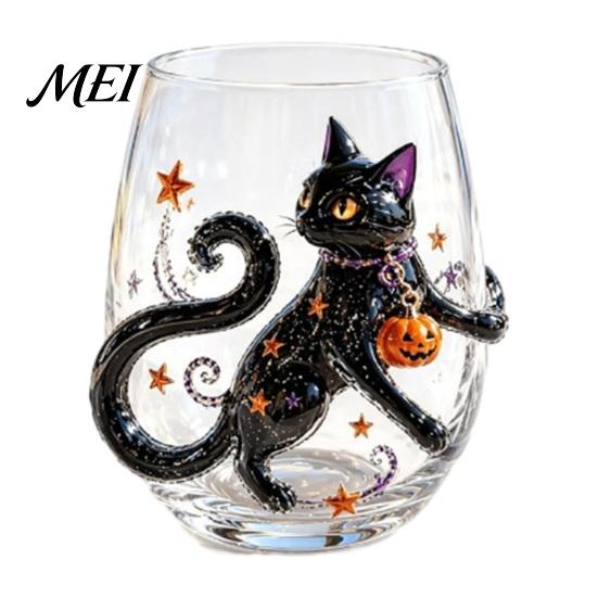 Kreativer Getränkebecher Halloween Geist Whiskeyglas, Schwarze Katze Spinnennetz Totenkopf Tumbler für Neuartige Form Glas Cocktail, 350ml Gruseliges Trinkgeschirr Zuhause