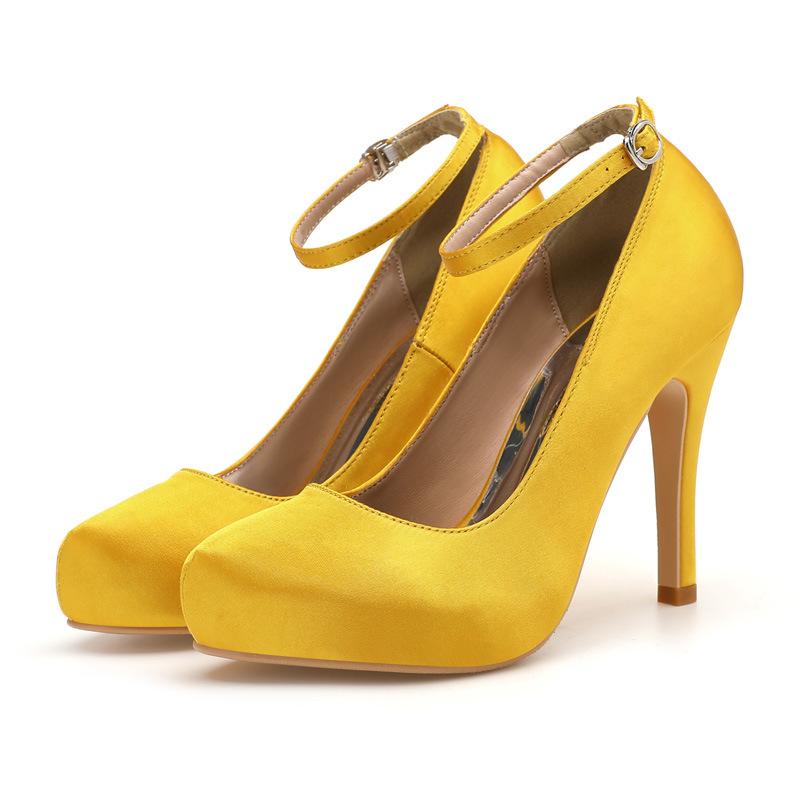 

Round head high heels fashionable and comfortable satin thick sole waterproof table large size office women shallow mouth single shoes wedding shoes 43 code customization жёлтый