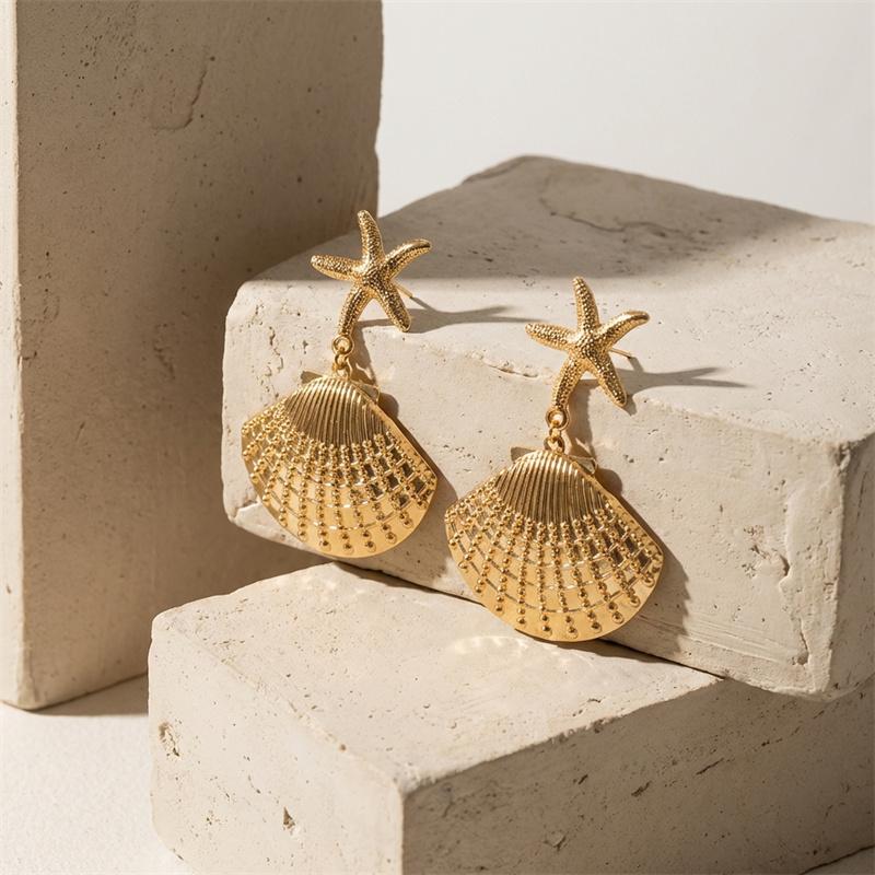 Exaggerated Large Metal Starfish Conch Drop Earrings for Women Ocean Style Long Tassel Piercing Earring Girl Beach Party Jewelry
