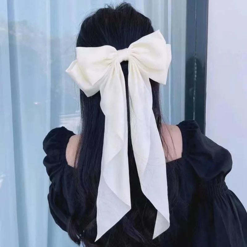 Women Large Bow Hairpin Elegant Long Ribbon Bow Hair Pins Fashion Simple Hair Clip Back Head Clips Half Tied Hair Accessories белый