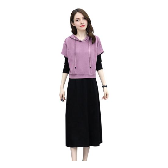 Women's 2 Piece Dress Set Pullover Hooded Drawstring Sweatshirts Midi Dress Lounge Sets Casual Fall Spring Outfits