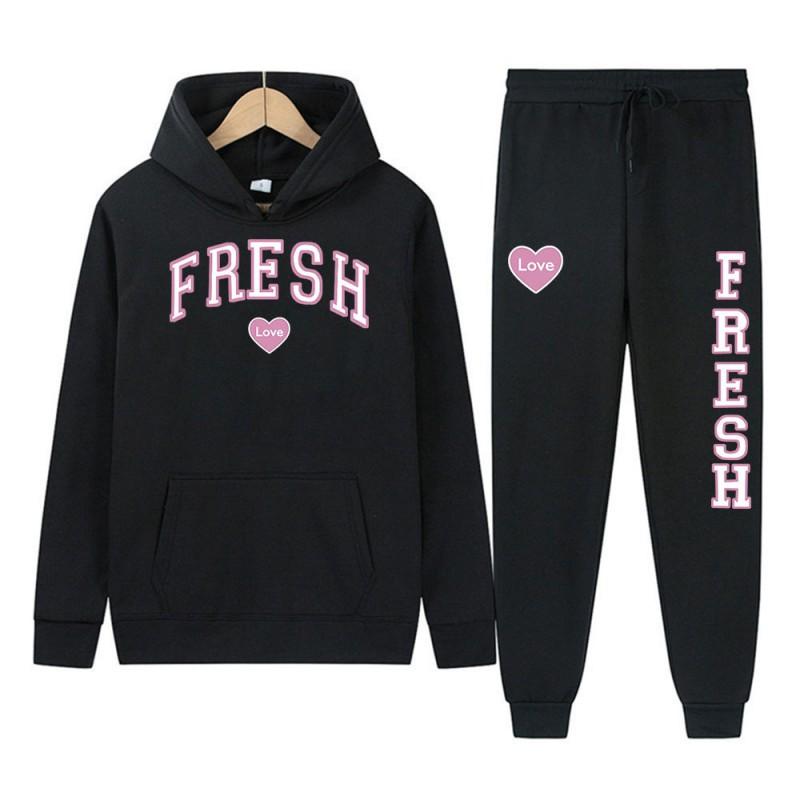 Womens Hooded Sweatshirt Set With Printed Graphic Long Sleeve Top Matching Pants Streetwear Casual Two Piece Outfit