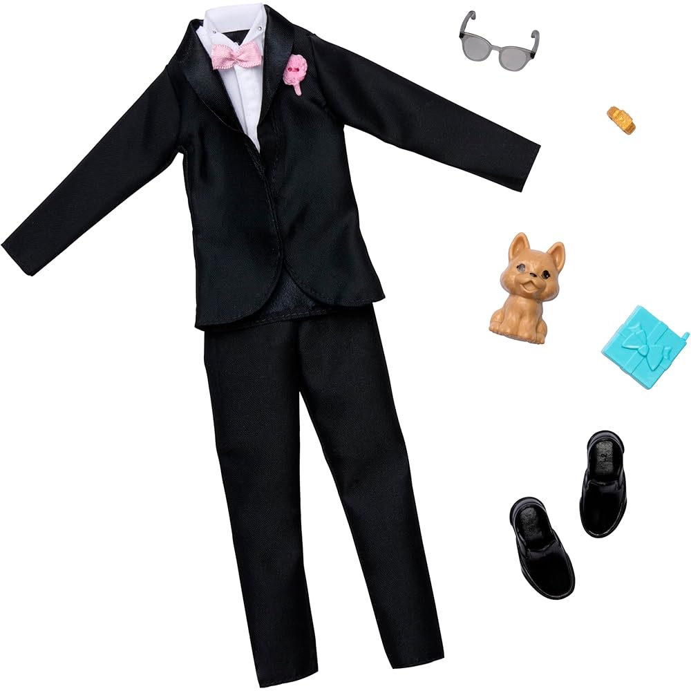 Barbie Ken Fashion Pack Groom Tuxedo Dress-Up Doll Clothes and Accessories Set for Role Play Ages 3 and Up Black