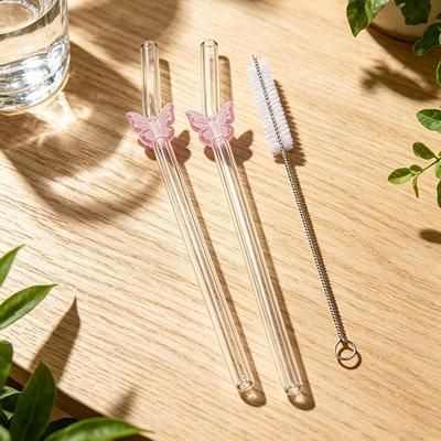 3Pcs Cute Butterfly Straw Reusable Glass Tube Durable Straws For Smoothie Cocktail Juice Smoothie Drinks