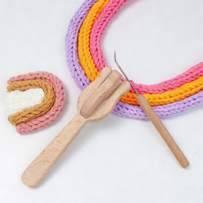 4 Pegs Wooden Knitting Fork With Bent Tip Knitting Hook and Sewing Needle For Scarves Blanket Hat Bag Home Decoration