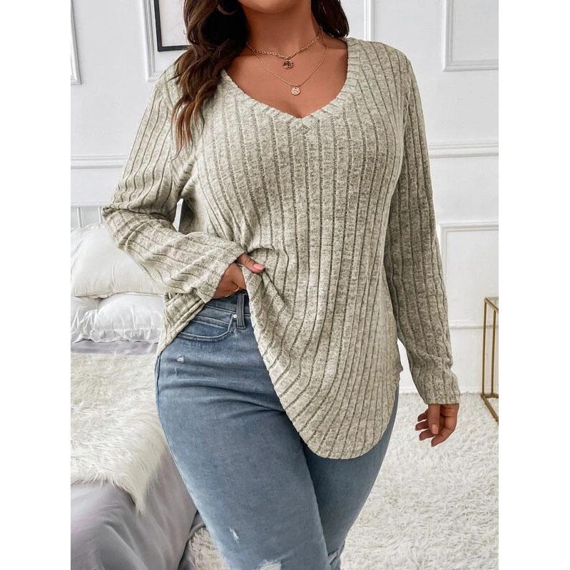 Damen Herbst- und Winterhemd Einfarbiges Oberteil in Übergröße V-Ausschnitt Langarm Woll-T-Shirt mit Grubenstreifen Lockerer Pullover für Damen