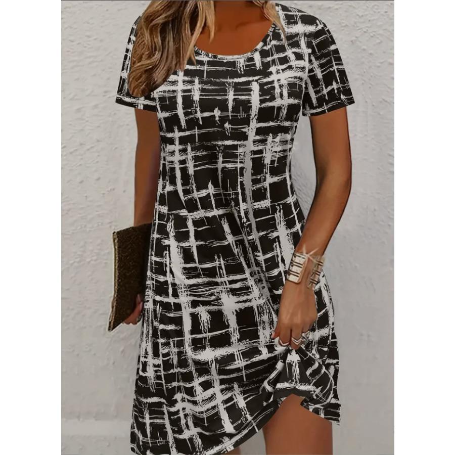 2025 New Women's Printed Casual Short Sleeve Crew Neck Pendulum Dress Women's Clothing