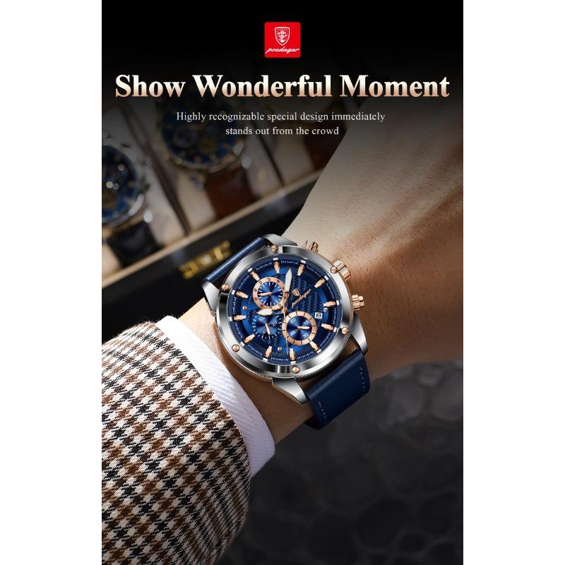 POEDAGAR Business Man Watch Waterproof Luminous Chronograph Date Original Watches for Men Leather Luxury Quartz Wristwatch