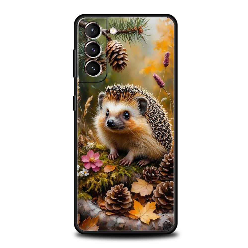Autumn Cute Hedgehog Design Phone Case For Samsung Galaxy S26 Ultra S25 Plus S24 FE S23 S22 5G S21 S20 Cover Black Soft