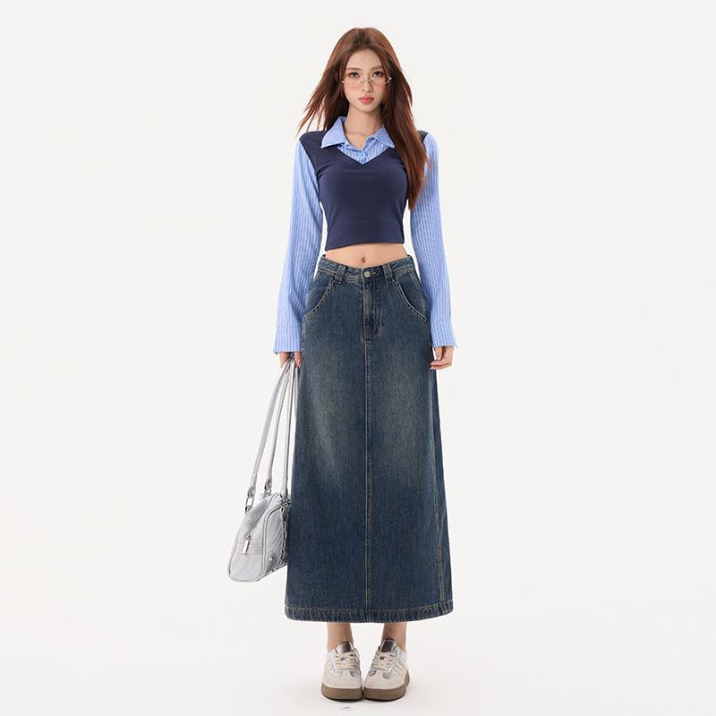 American Retro High Waist A-Line Denim Skirt with Slit and Patchwork - Spring 2026 Collection