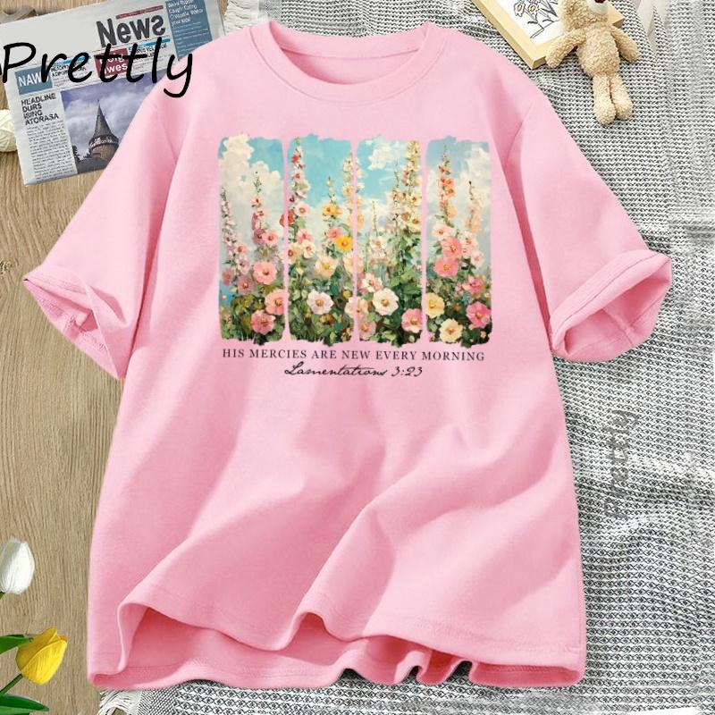 Retro Flower Print Cotton Clothing T-Shirt for Woman Are New Every Morning T Shirt Cozy Tee