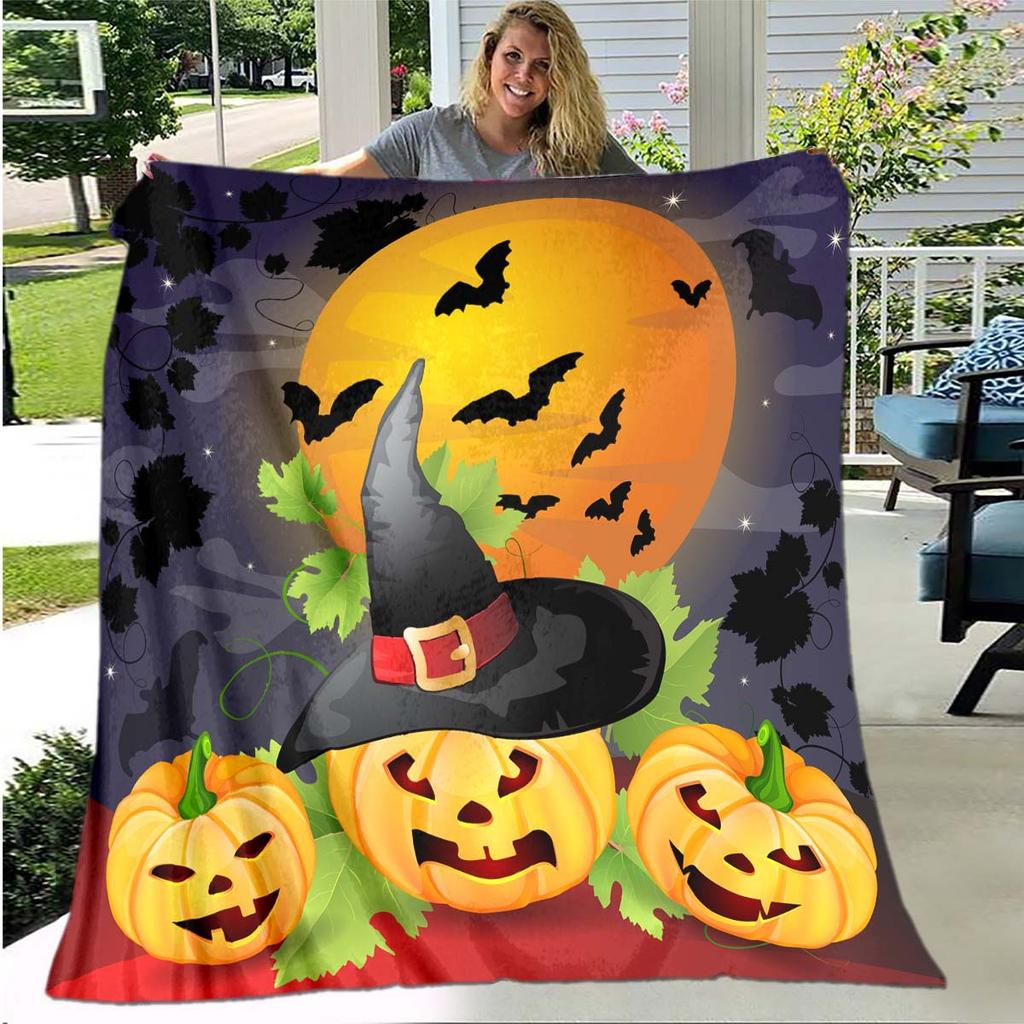 Halloween Ghost Pumpkin Cartoon Digitalprinted Polyester Velvet Flannel Cover Blanket Fleece Soft Sofa Cover Blankets for Beds