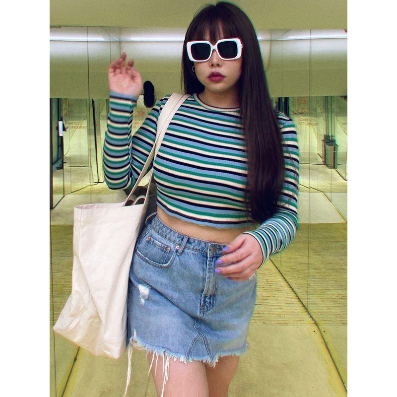 

Miss Biggie Fashion Plus Size Slim Looking All-Matching Comfortable Color Stripes Rib Knitting round Neck Long Sleeves Short T-shirt Grass green black strip XXL