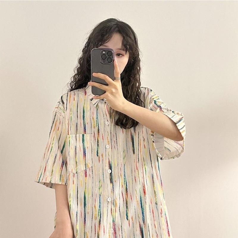 

Colorful Stripe Shirt for Women Summer Fashionable Loose American Retro Shirts Versatile Single Breasted Top with Pocket XXL
