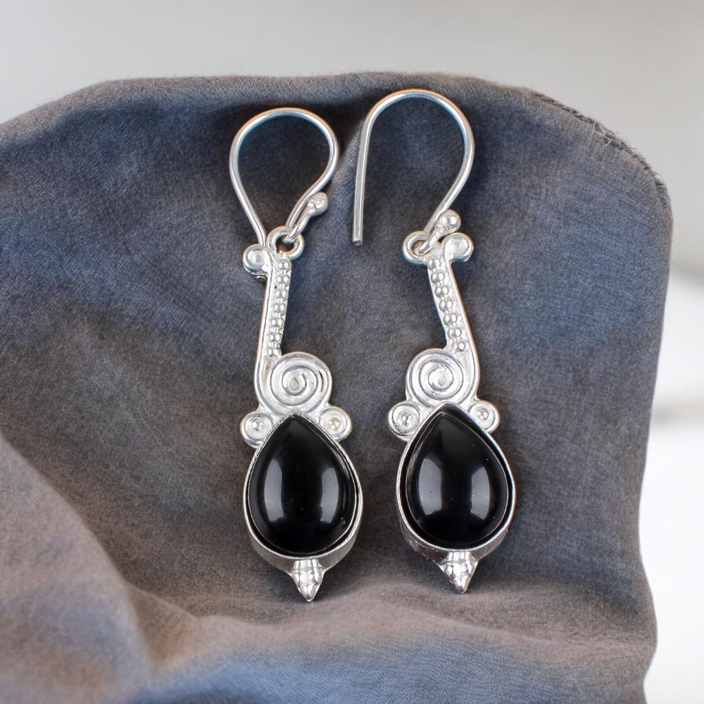Authentic Black Onyx Gemstone 925 Sterling Silver Artisan Jewelry Earrings 2.10" EE-37-26