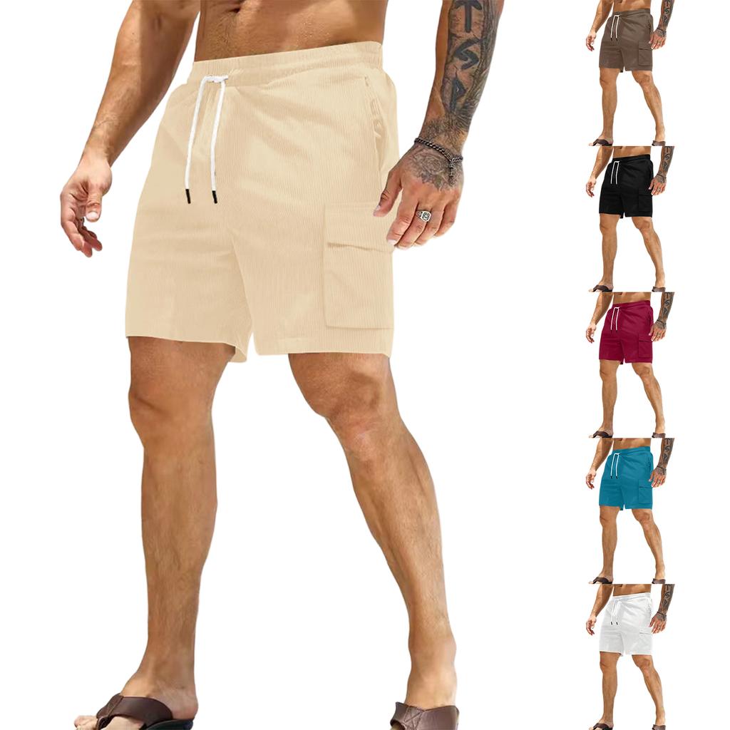 Men's Corduroy Multi Pocket Cargo Shorts Elastic Waistband Drawstring Casual Outdoor Work Shorts