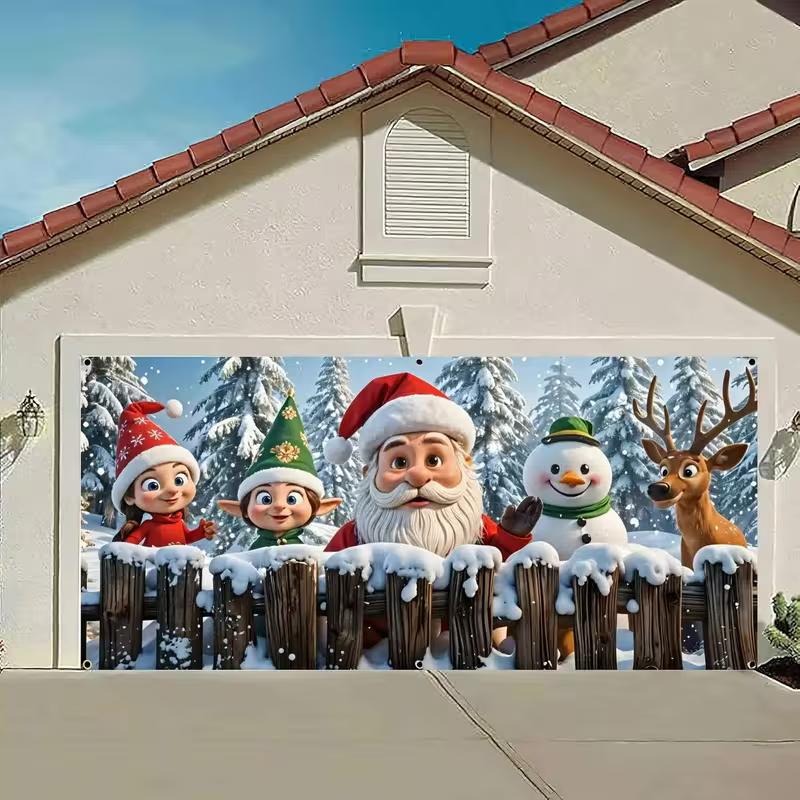 2D Christmas Garage Door Decoration Santa, Elves, Snowman & Reindeer Banner