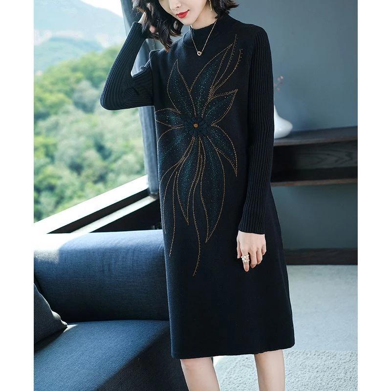 Rochie pentru Femei Bumbac Iarnă Caldă Gât Rotund Mânecă Lungă Vintage Casual Imprimată Lungă Tricot Mânecă Lungă Rochii Pulover