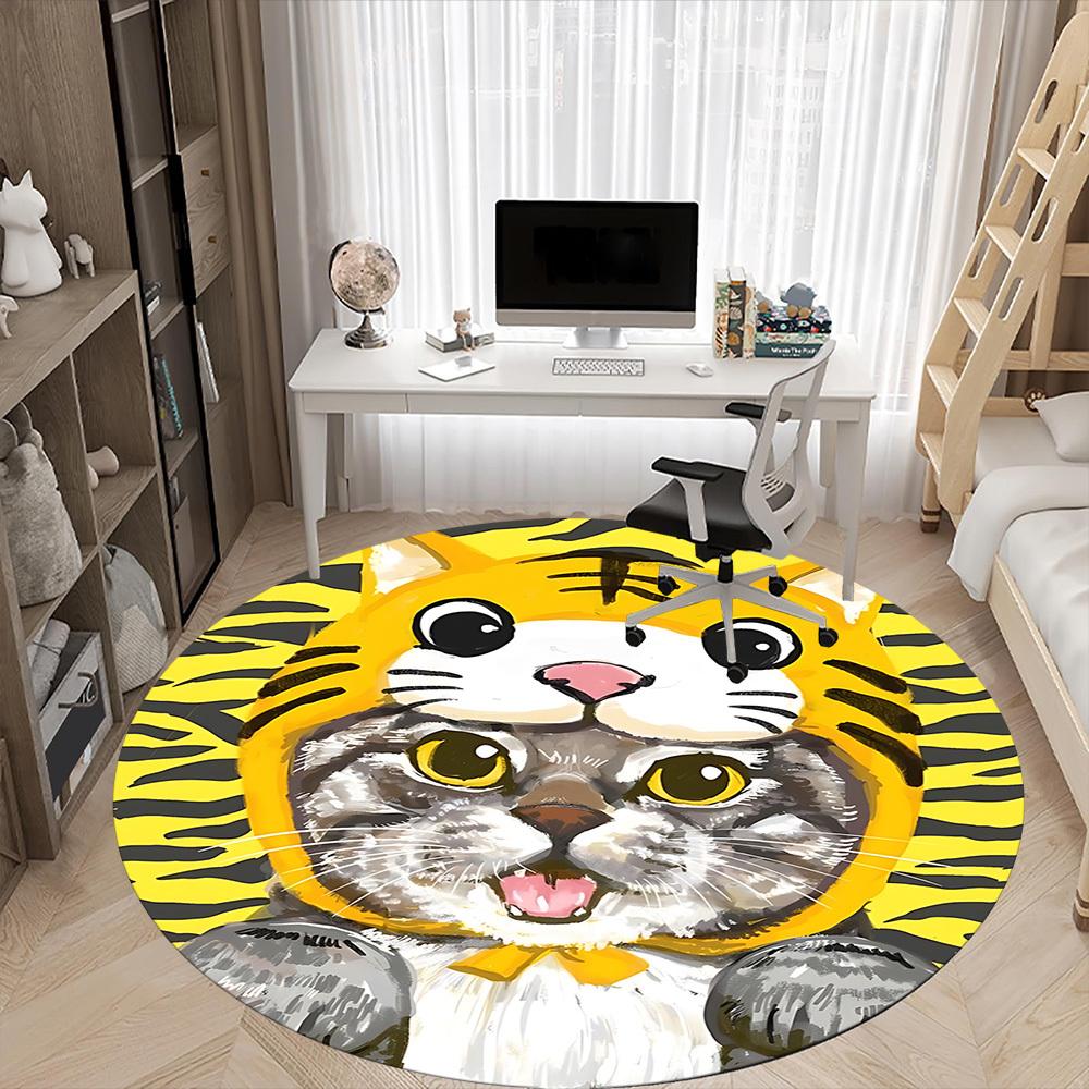 1PC Tiger Cat Office Round Area Rug,  Mat Suitable ForOffice, Under Office Chairs Bedroom Living Room Home Decor, Room Deco