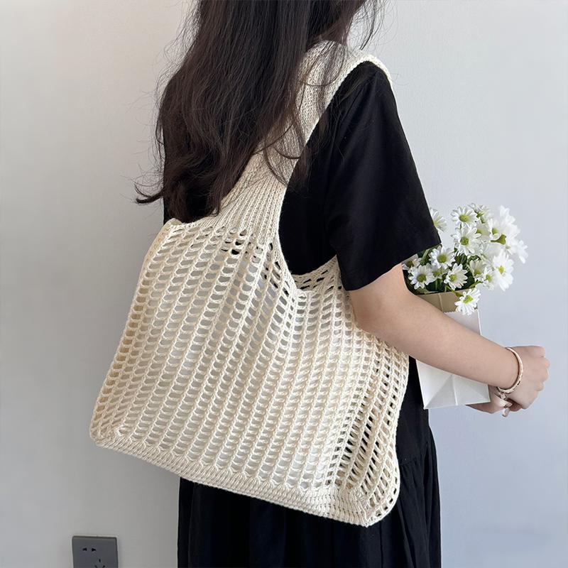 Hollow Out Solid Color Shoulder Bag Fabric Shopper Tote Bags High Quality Versatile New Soft Women's Handbags