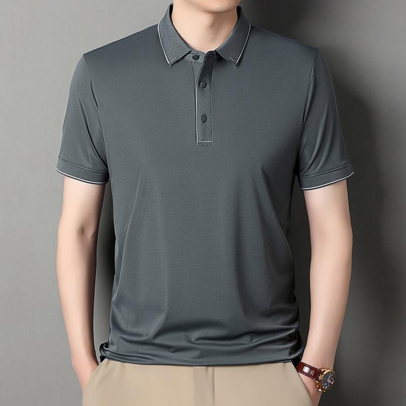 Men'S Short-Sleeved T-Shirt Father'S Lapel Thin Brocade Ammonia Ice Silk Loose Polo Shirt Half-Sleeved