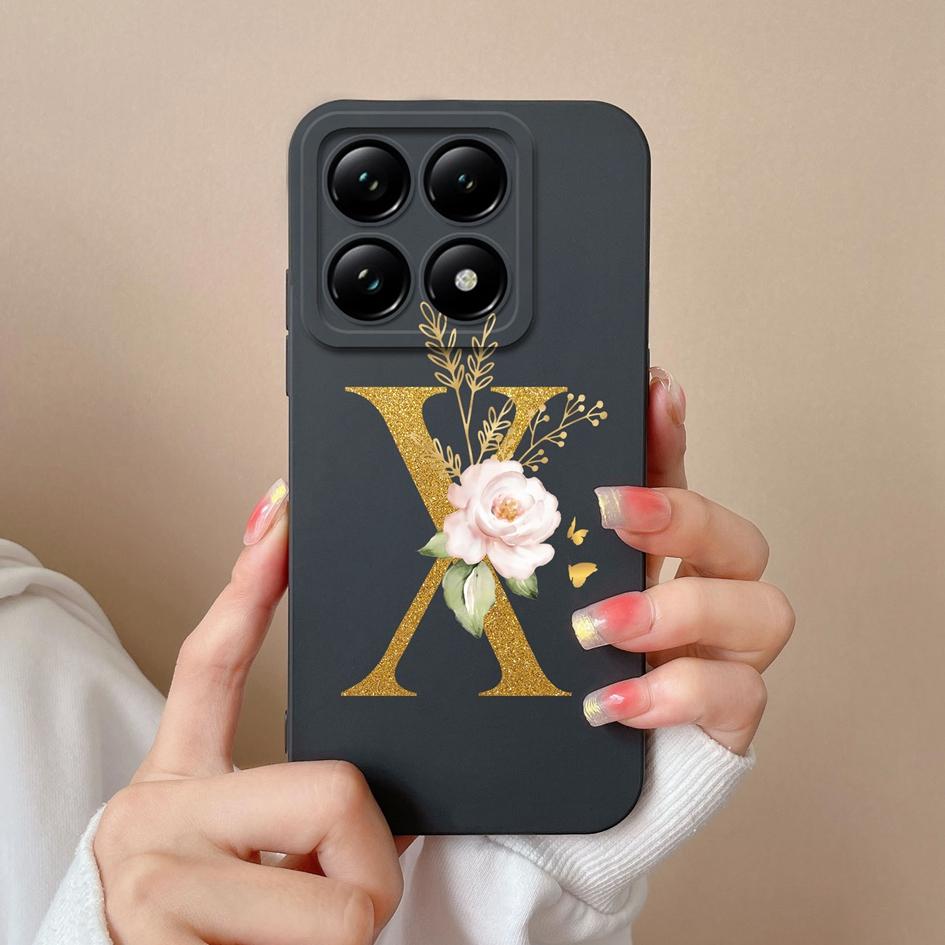 Liquid Soft Silicone Bumper For Xiaomi 14T Pro 5G 14 T Cover Pretty 26 Flower Letters Cases Anti Drop Housing Phone Shell Fundas