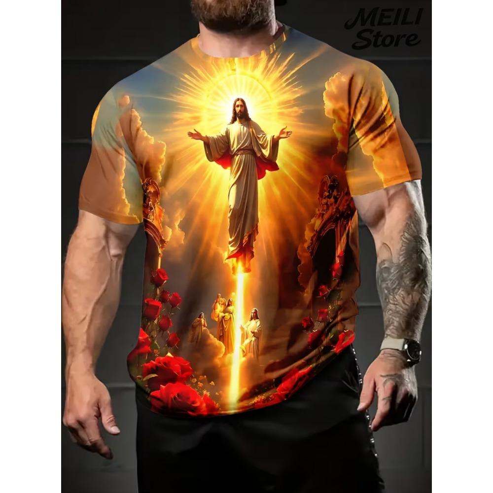 Herren 3D Jesus Druck T-Shirt Kurzarm Lässig Rundhals Betende Hände Design T-Shirt für Männer Neu im Oversized T-Shirt Oberteile