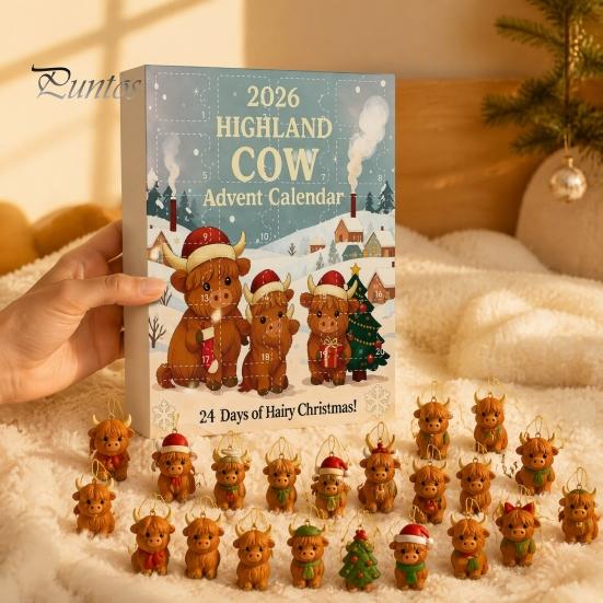 Holiday Hanging Ornaments Highland Cow Christmas Advent Calendar with 24 Acrylic Ornaments, Festive Countdown Box for Tree Decor And Seasonal