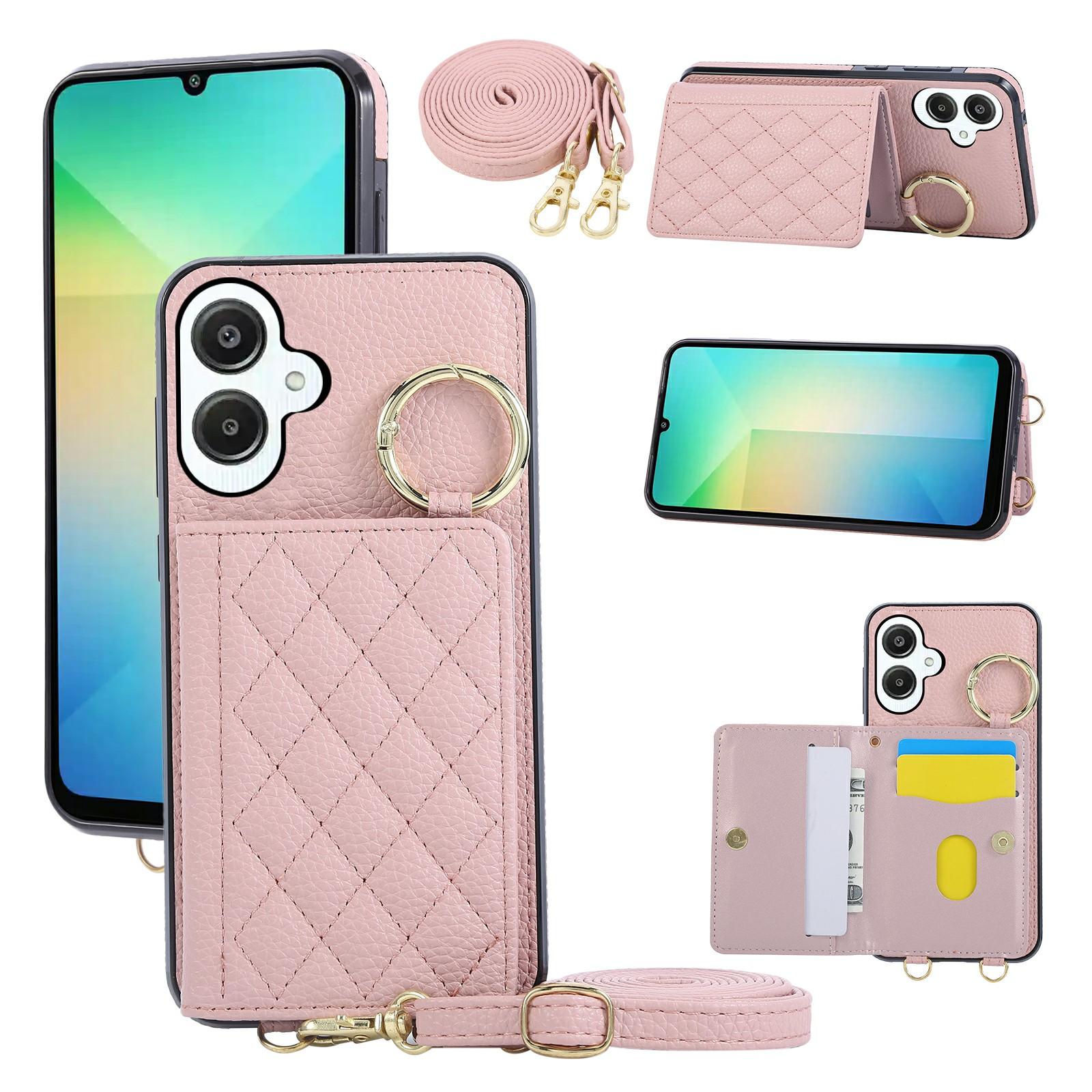 

For Samsung Galaxy A06 4G/5G/A07 4G Case Kickstand Rhombus Leather+TPU Phone Cover with Shoulder Strap Pink