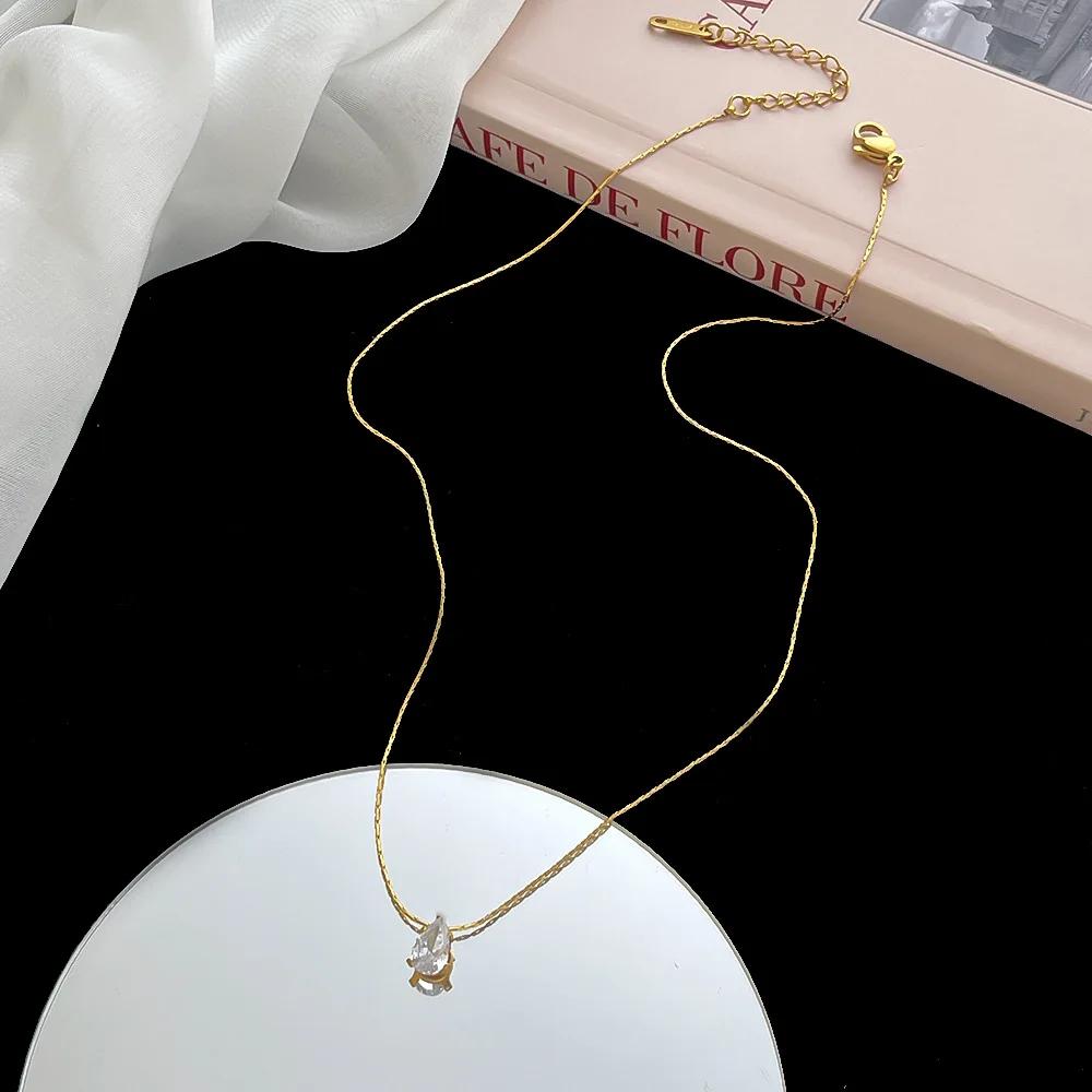 Charm Gold Color Stainless Steel Water Drop Crystal Pendant Necklace for Women High Quality Bride Collar Jewelry Gift Accessory