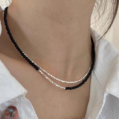 925 Sterling Silver Necklace Black Beads Square Irregular Punk Geometric for Women Girl Jewelry Gift