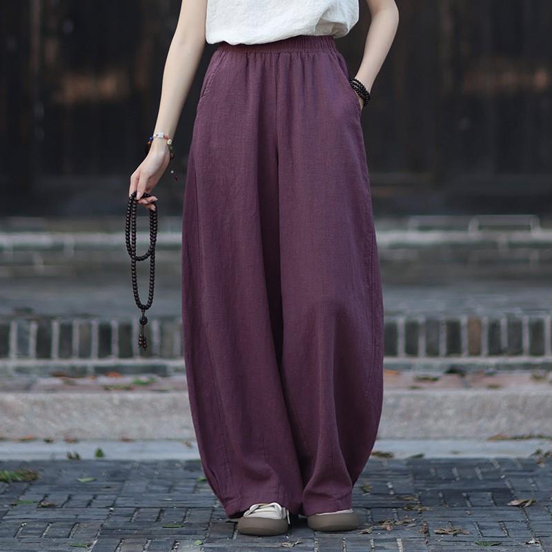 Johnature Women Vintage Bloomers Pants Solid Color Elastic Waist Trousers Autumn Pockets Soft Loose Pants